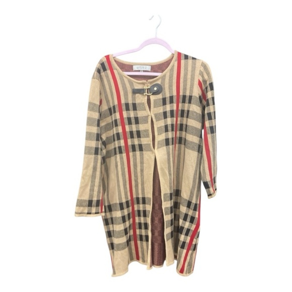Kasper Beige and Black Checkered Cardigan